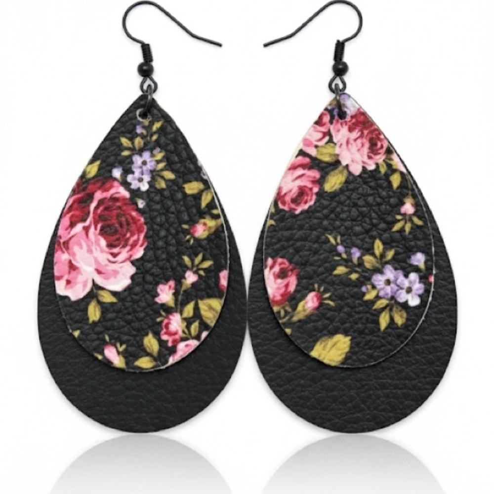 Double Stacked Floral Faux Leather Earrings
